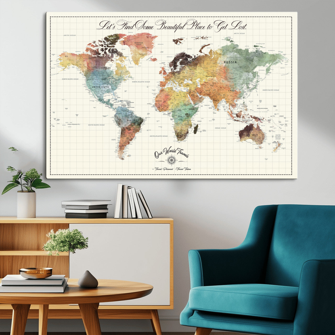 29289638-MGV-CV-36X24-Personalized World Map Print - Customizable Push Pin Framed World Map Print on Canvas - Custom Quote on Map Print
