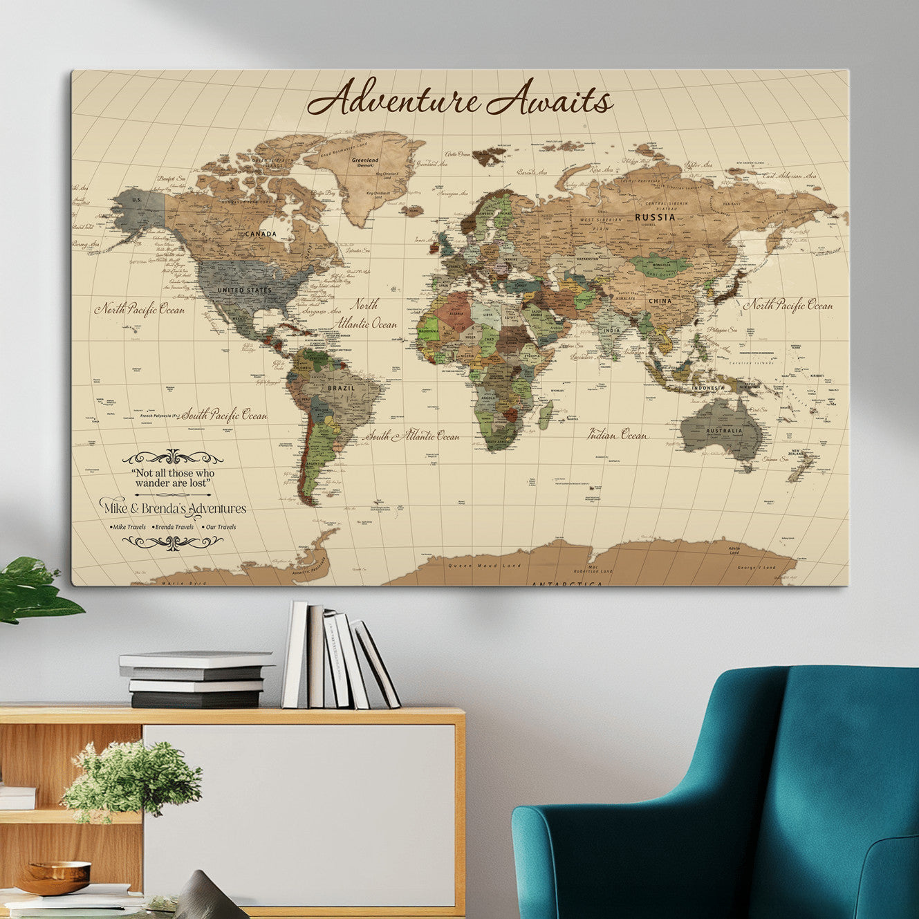 31875069-MGV-CV-36X24 - Customizable Push Pin World Map Wall Canvas Print – Personalize Travel Tracker with Pins – Framed Custom Quotie Canvas for Home Office Decor