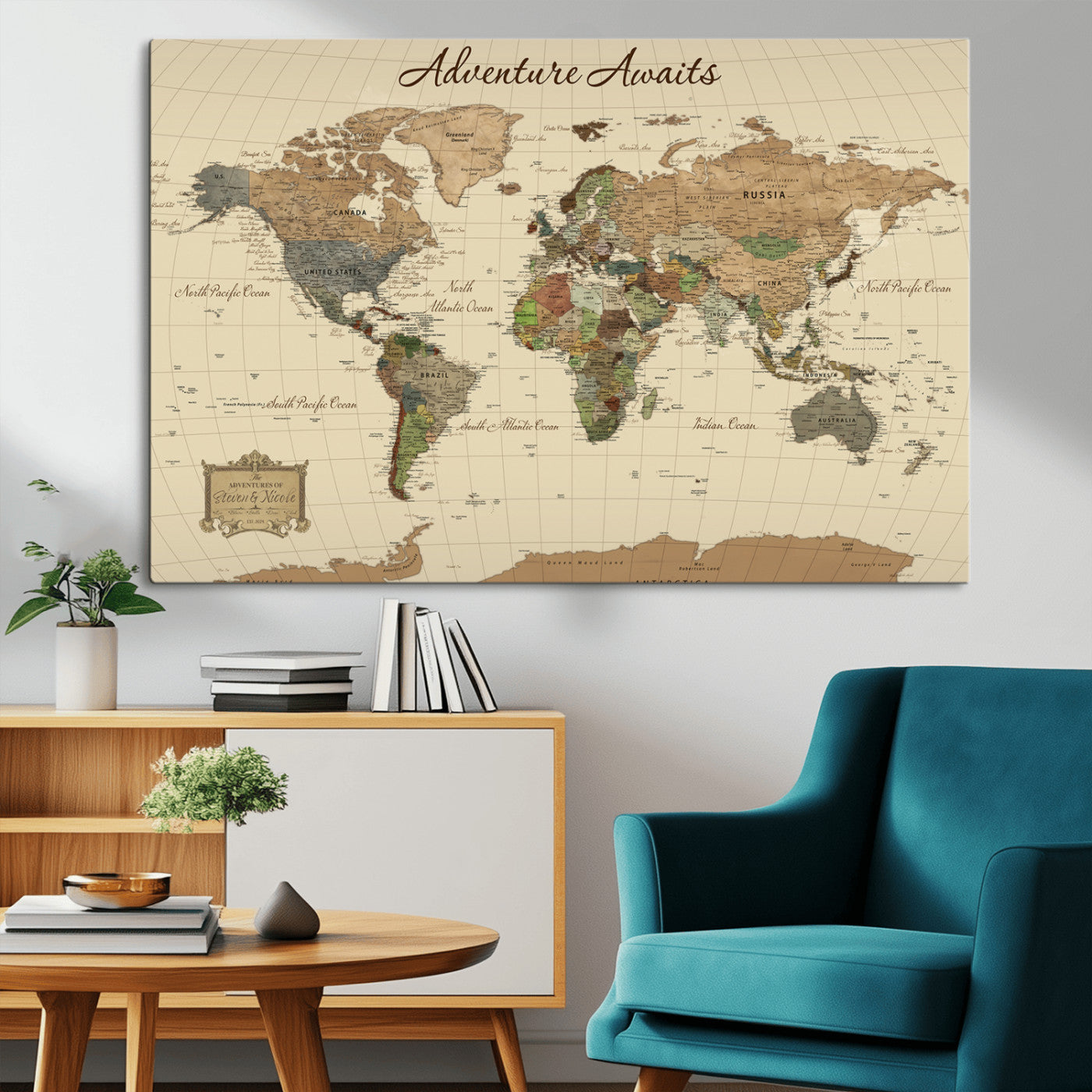 31875069-MGV-CV-36X24-Custom Push Pin World Map Wall Canvas Print – Personalized Travel Tracker with Pins – Framed Custom Quotie Canvas for Home Office Decoration