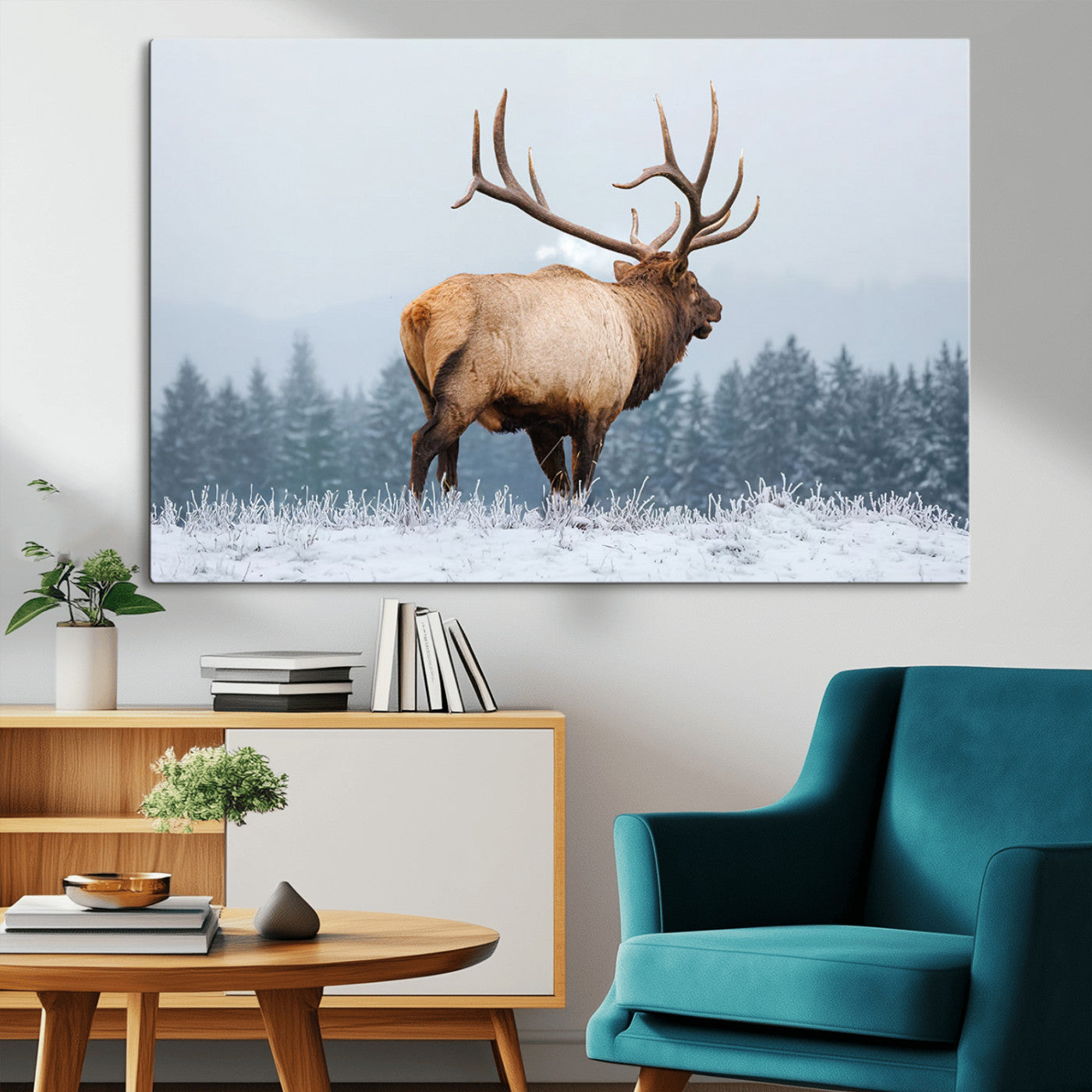 A majestic elk standing in a snowy landscape, with large antlers, set against a backdrop of evergreen trees and a soft winter sky.