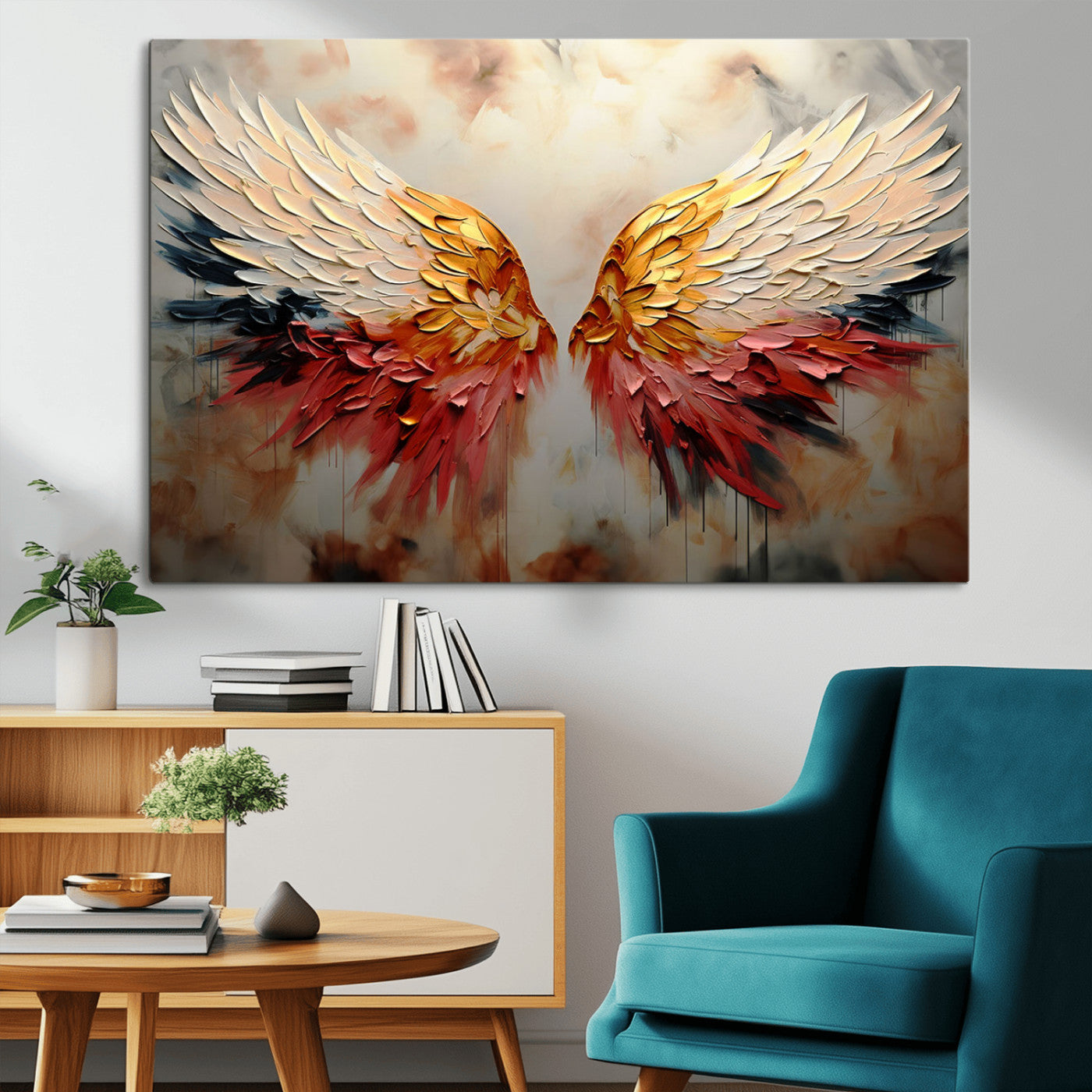 A stunning 3D-style painting of angel wings with vibrant gold, red, and black hues, creating a dramatic and striking visual effect.