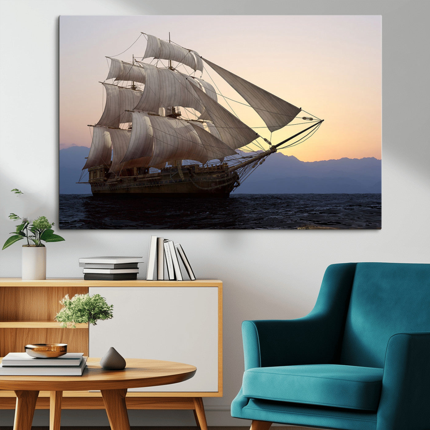 A majestic sailing ship with full sails, gliding through the ocean at sunset, with the soft glow of the sky casting a serene backdrop.