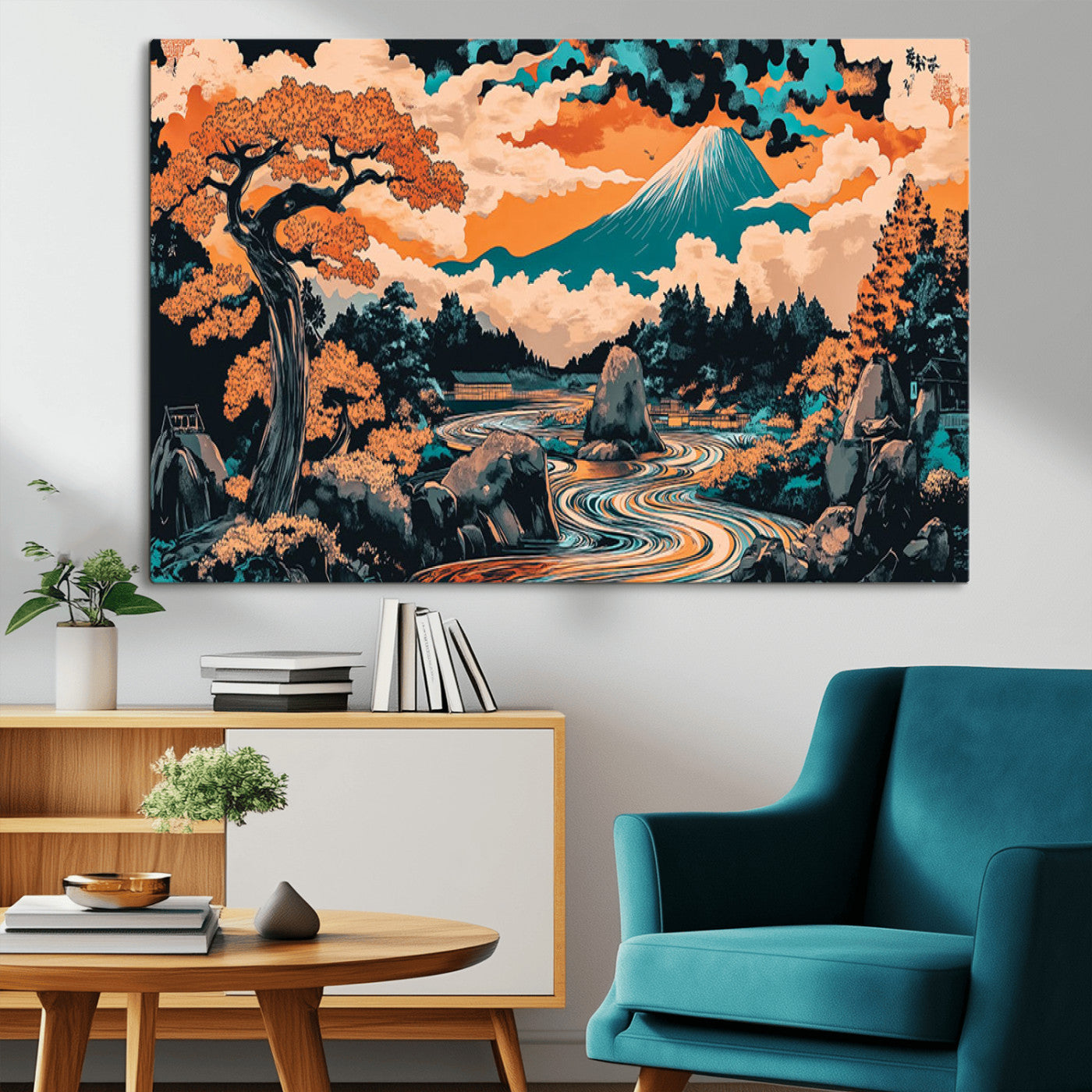 A vibrant Japanese-inspired landscape featuring Mount Fuji, a winding river, and autumn-colored trees under a dramatic sky, in bold and vivid hues.