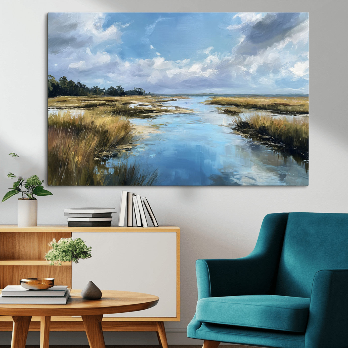 A beautiful, painterly landscape of a calm river winding through a marsh, with vibrant green grasses and a bright blue sky filled with fluffy clouds.