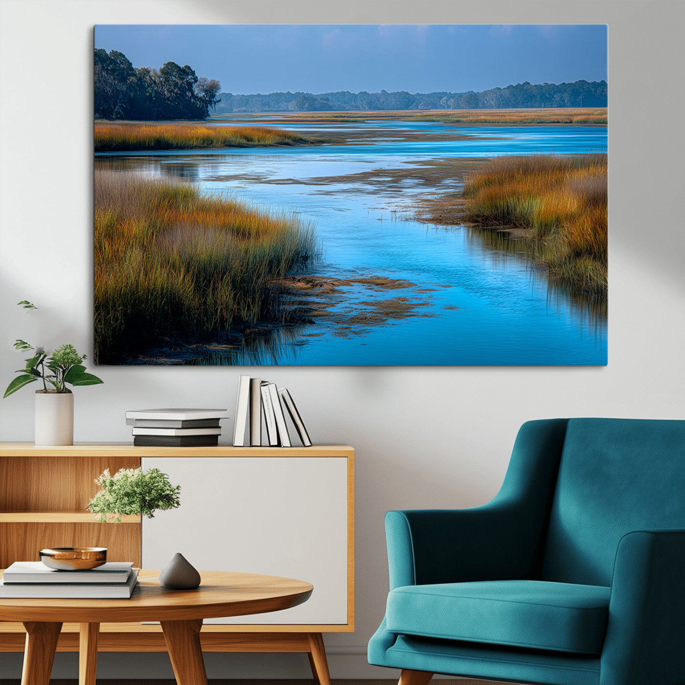 A peaceful marshland scene with calm blue water reflecting the surrounding grasses and trees, capturing the beauty of nature in a serene landscape.