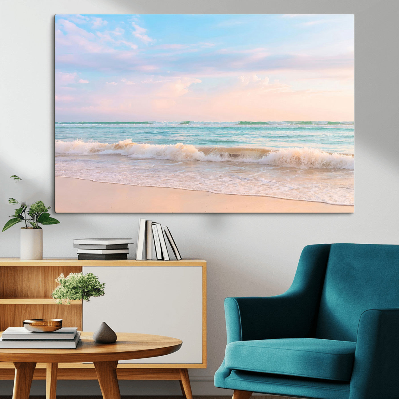 A peaceful beach scene with soft pastel skies, gentle waves washing up on the sandy shore, creating a calm and serene ocean view.