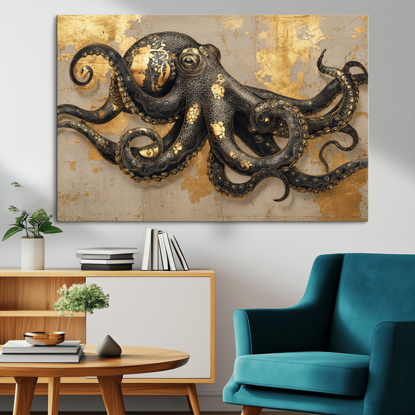A stunning golden and black illustration of an octopus on a textured background with gold leaf accents, highlighting its intricate tentacles and unique design.