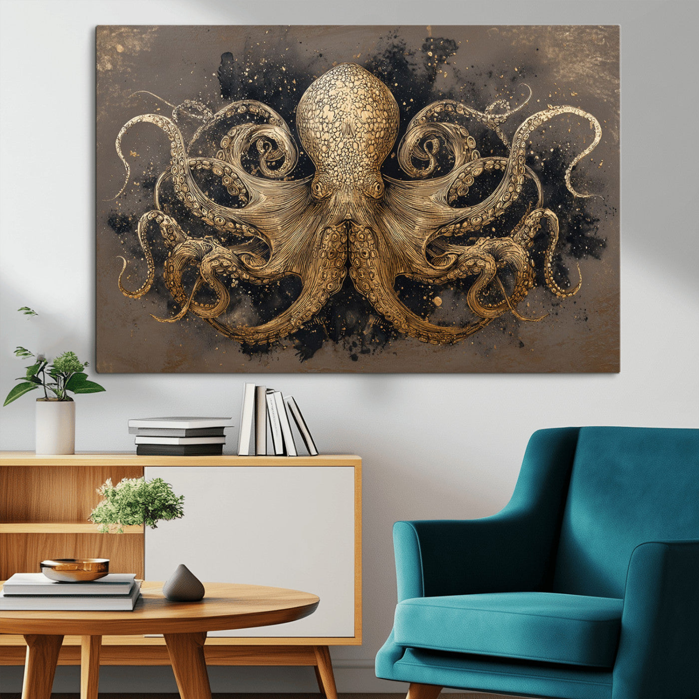 A beautifully detailed illustration of an octopus in gold ink on a textured dark background, with swirling tentacles and intricate patterns.