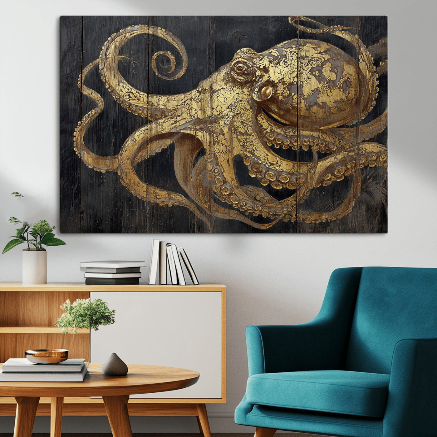 A detailed gold illustration of an octopus on black wooden planks, showing its intricate tentacles and textured skin in an artistic style.