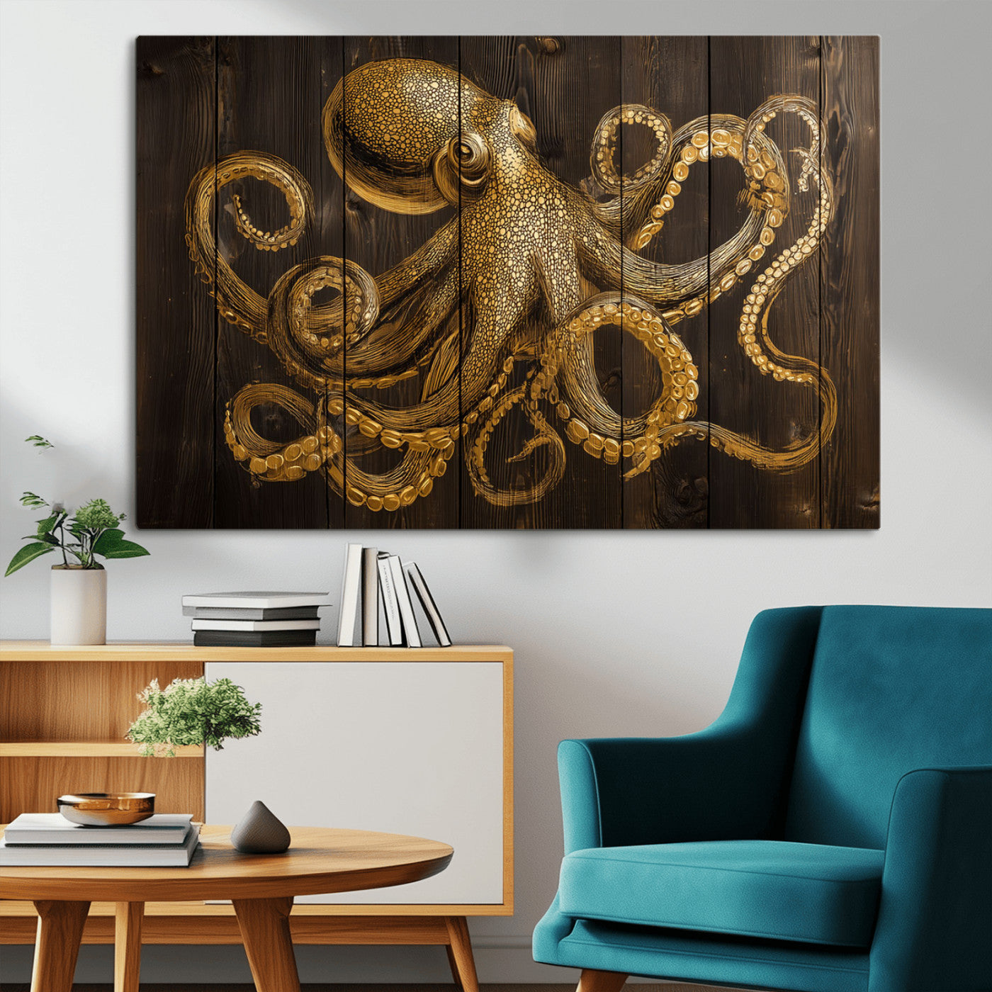 An artistic rendering of an octopus in gold ink on wooden planks, showcasing intricate details of its tentacles and textured skin.