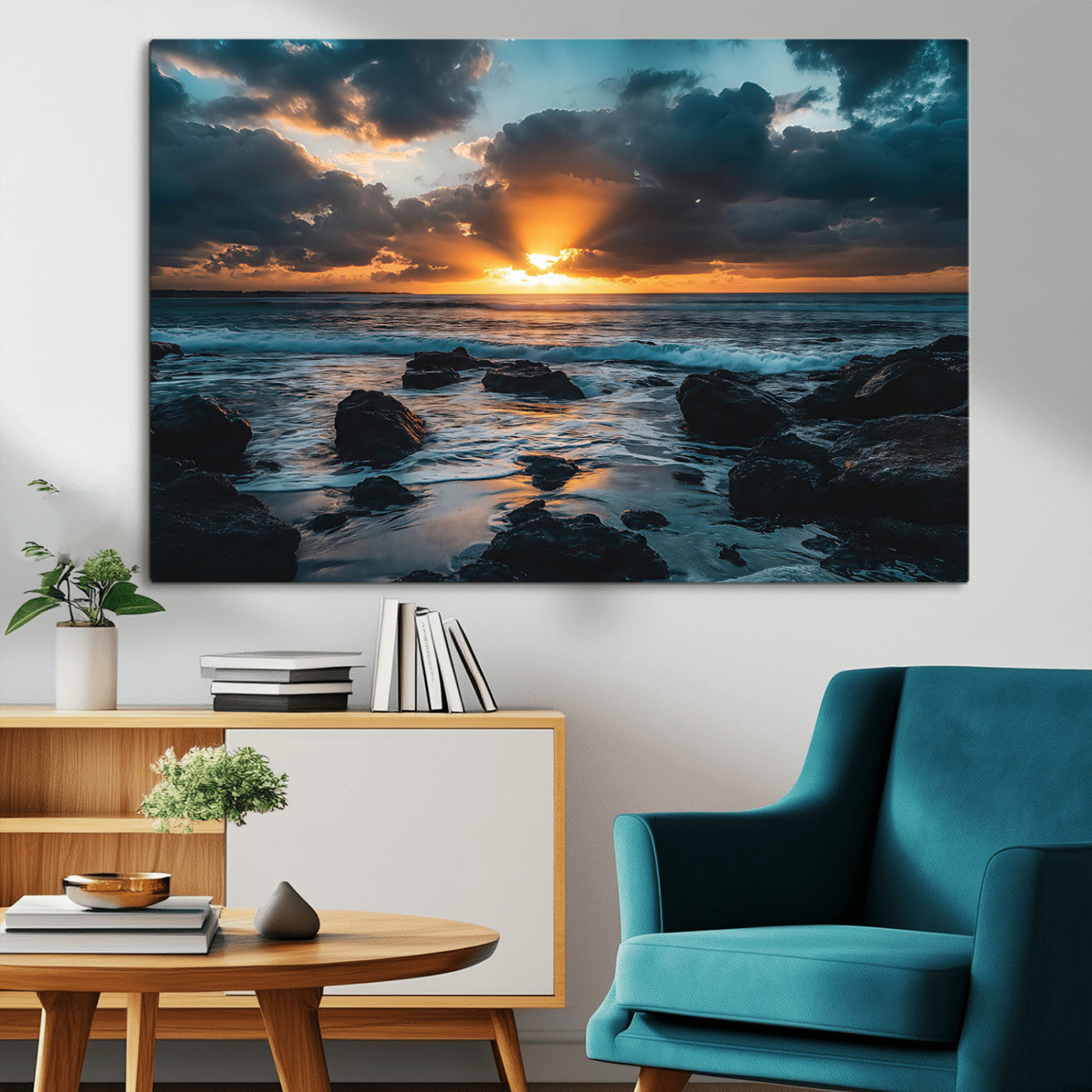 An awe-inspiring sunset over the ocean with rays of light piercing through dramatic clouds, creating a beautiful seascape with rocks in the foreground.