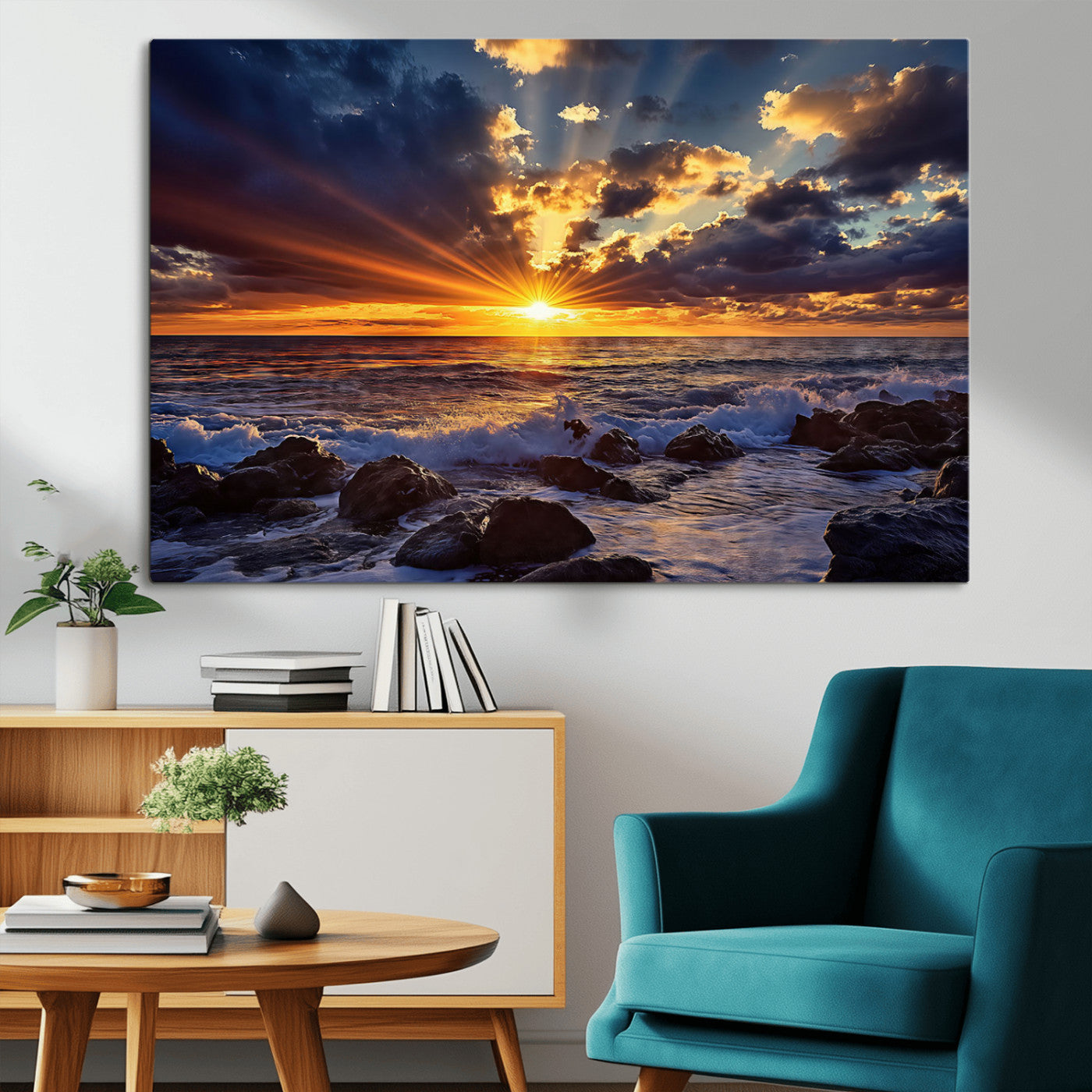 An explosive sunset over the ocean with dramatic clouds and rays of sunlight reflecting off the water, creating a vibrant and captivating view.