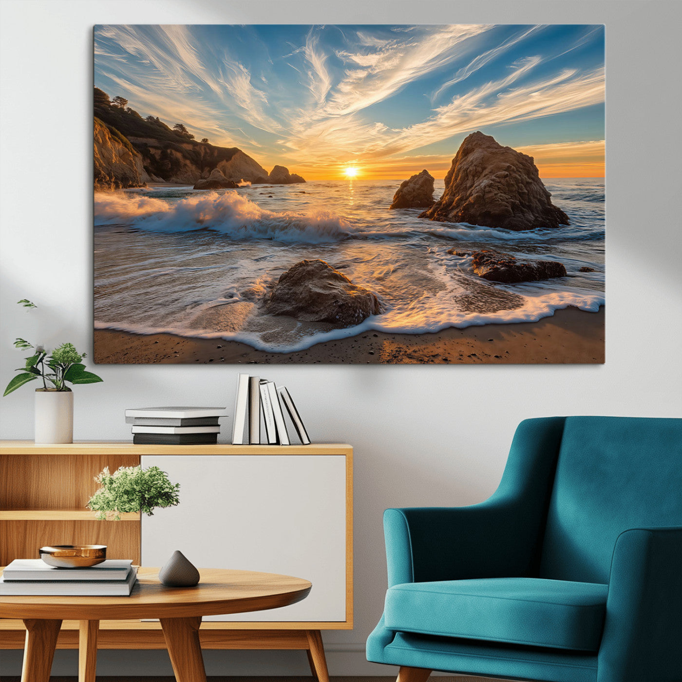 Rocky Ocean Sunset Wall Art Print, Seaside Canvas Wall Art, Dramatic Seascape Canvas Print for Coastal Modern Decor, Ocean Sunset Art Printing