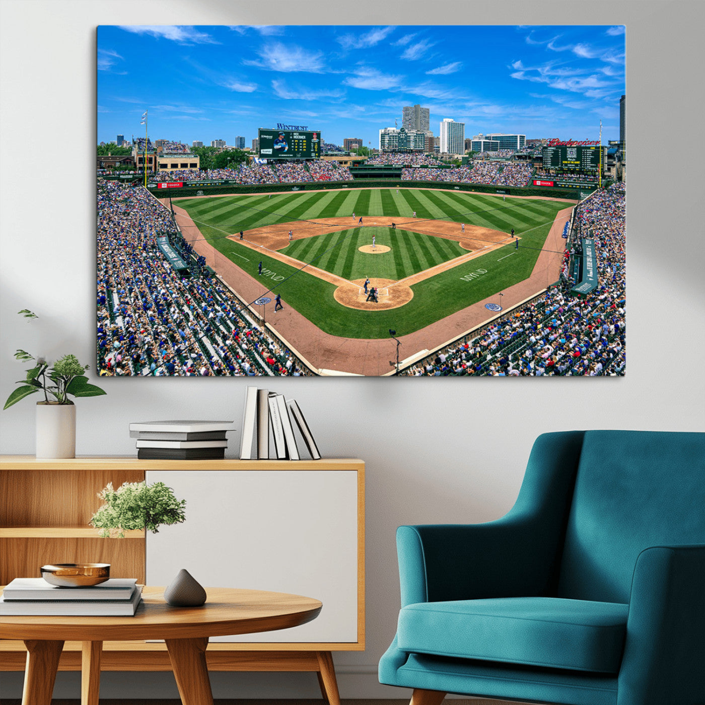 Wrigley Field Baseball Stadium Canvas Wall Art, Packed Crowd Sports Stadium Print, City Skyline Baseball Field Canvas for Game Room Decor