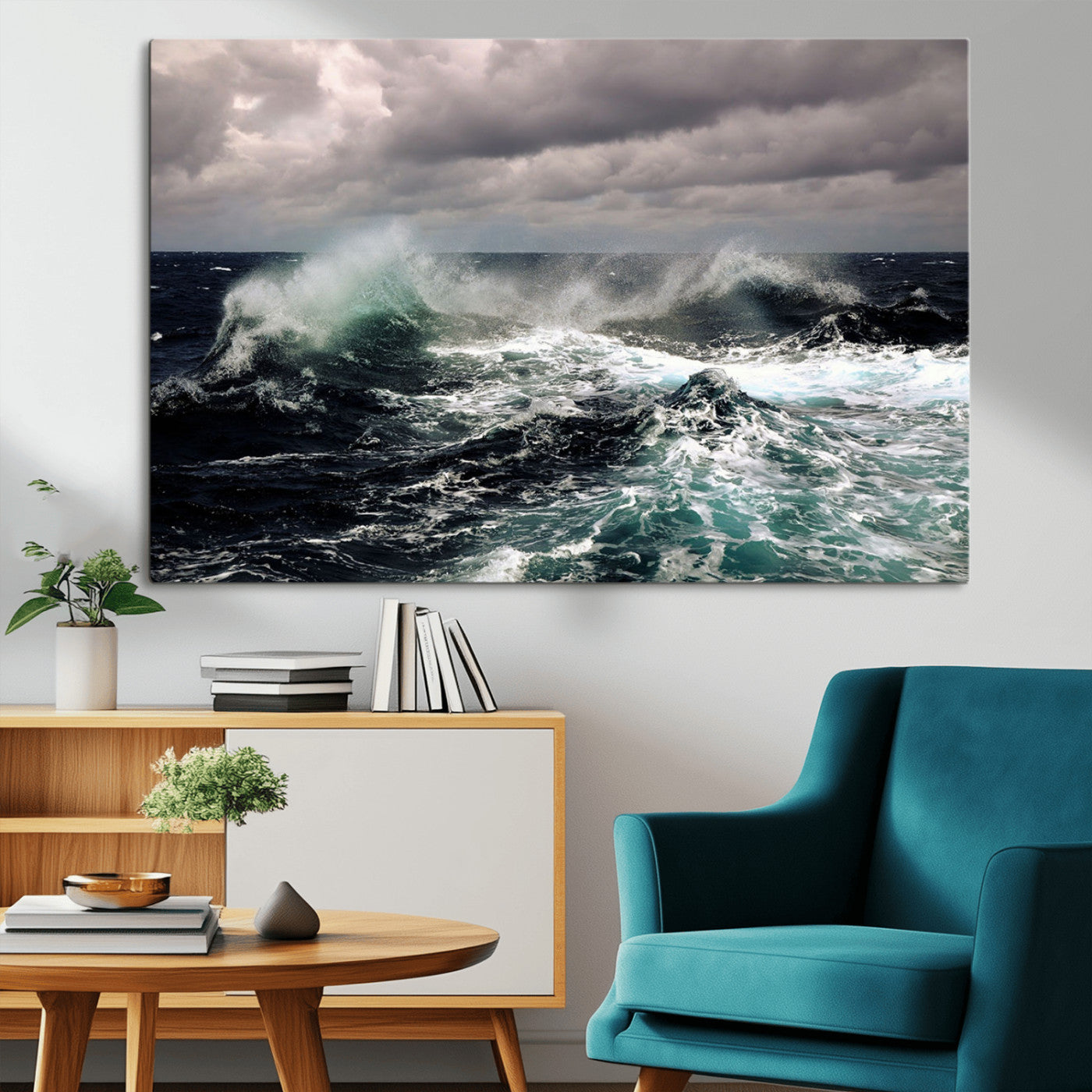 Powerful ocean waves crashing under stormy skies, creating a dynamic and intense seascape.