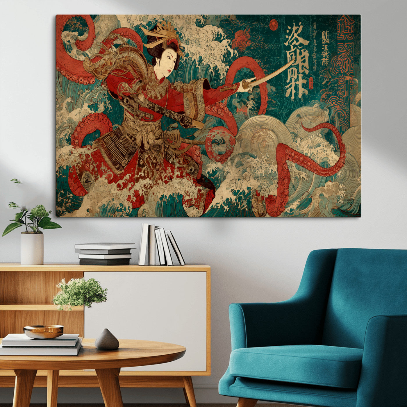 MGV-CV-36X24 - Tsukioka Yoshitoshi Samurai Wall Art Print, Japanese Katana Warrior Canvas Wall Art, Octopus Sea Monster Canvas Print,