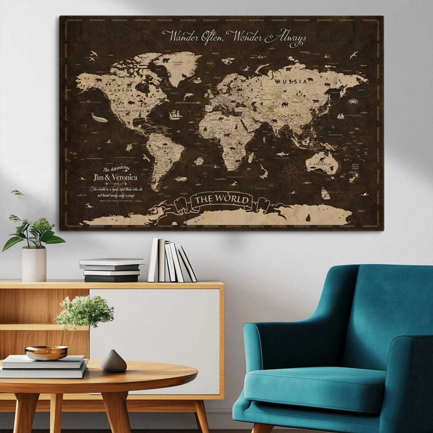 47004909-MGV-CV-36X24-Customize Push Pin World Map Wall Art Canvas Print – Personalized Map for Kids Room – Framed Custom Animal Map for Stady Room Decor
