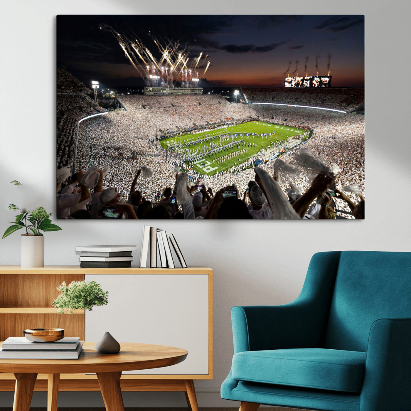 Penn State Stadium Wall Art Print, White Out Football Game Canvas Wall Art, Framed Sports Stadium, Large College Football Canvas Print for Game Room - Man Cave + 555