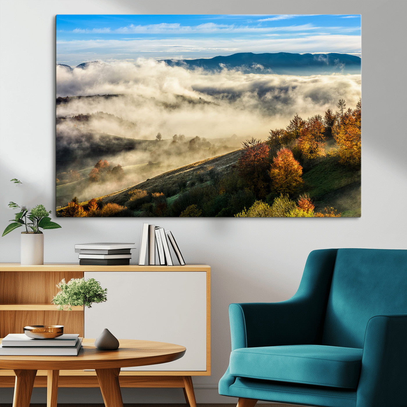 21551192-MGV-CV-36X24-Misty Autumn Hills Canvas Wall Art, Foggy Forest Landscape, Fall Foliage Beauty, Serene Mountain View, Cozy Home Decor, Office Tranquility, Nature Calm Print
