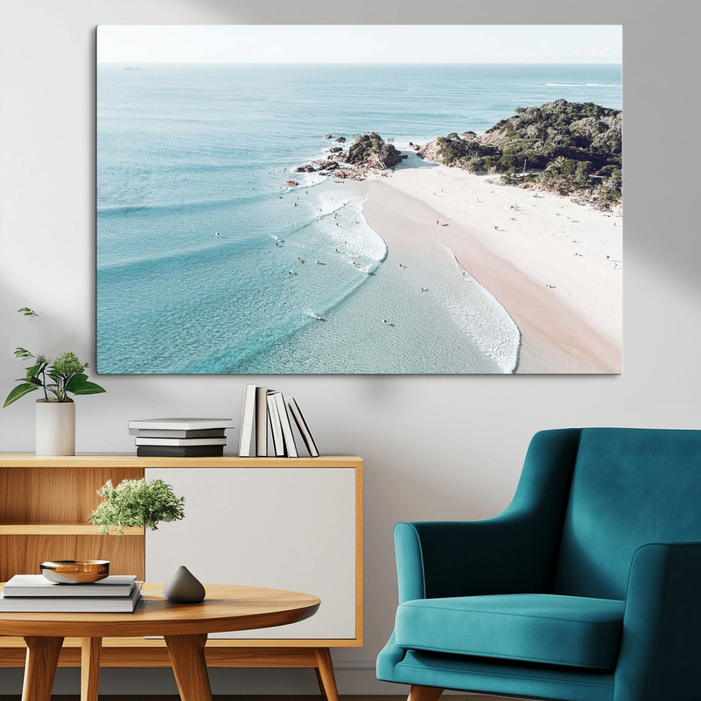 79395467-MGV-CV-36X24-Aerial Beach Canvas Wall Art Print, Coastal Ocean Waves and Surfers, Large Scenic Seaside Canvas for Home or Office 1 Panel Wrapped Canvas