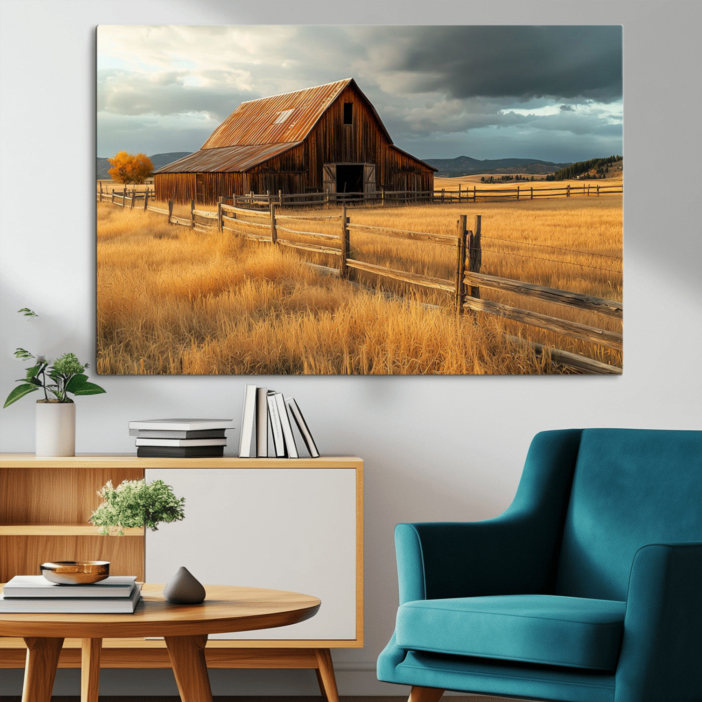 "Golden fields surrounding a rustic barn with a weathered roof, a wooden fence, and dramatic skies with sunlight breaking through the clouds."