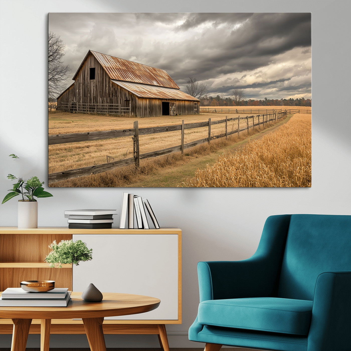 "Rustic barn with a weathered metal roof, surrounded by a wooden fence and golden fields under an overcast sky with dramatic clouds."