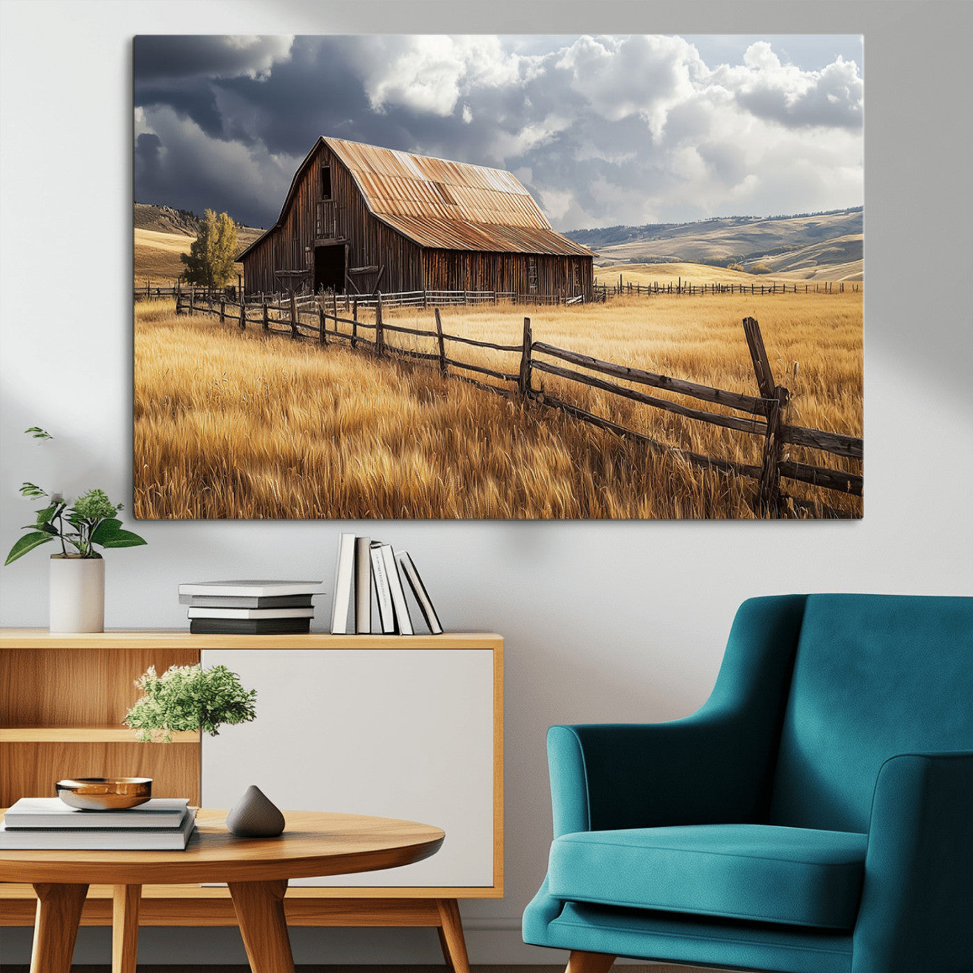 "Rustic barn surrounded by golden fields, a wooden fence, and dramatic storm clouds in the sky, capturing a serene countryside landscape."
