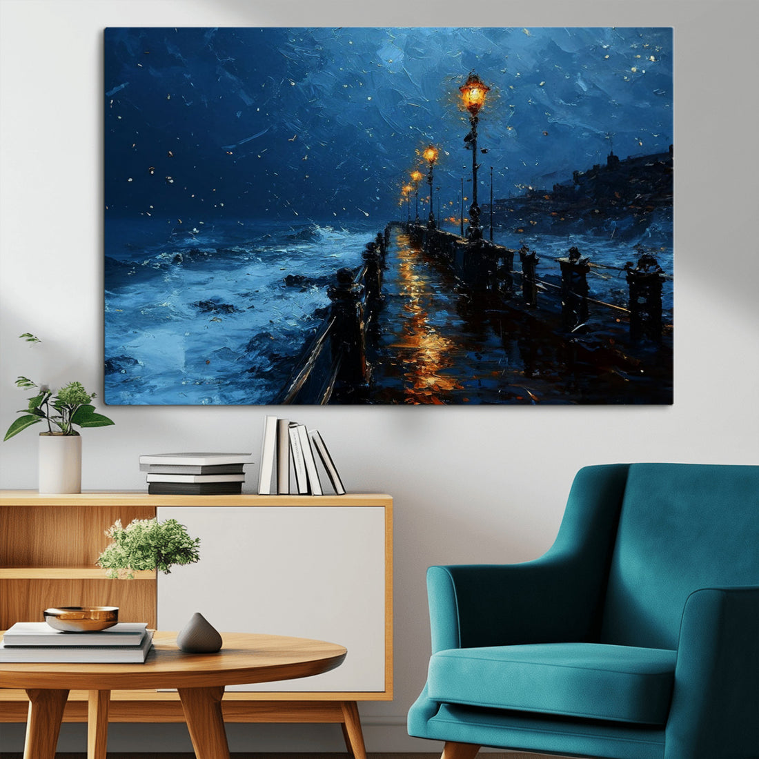 Dark Stormy Pier Wall Art Canvas Print, Moody Ocean Night Scene with Street Lamps