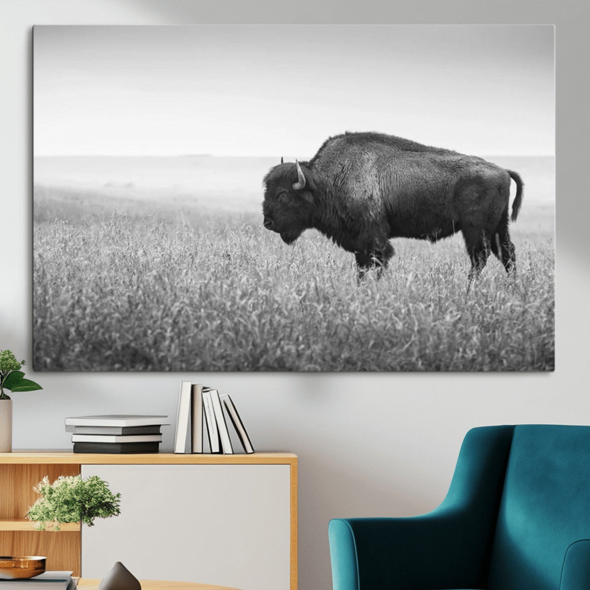 "Black and white image of a bison grazing in a vast field under an overcast sky."