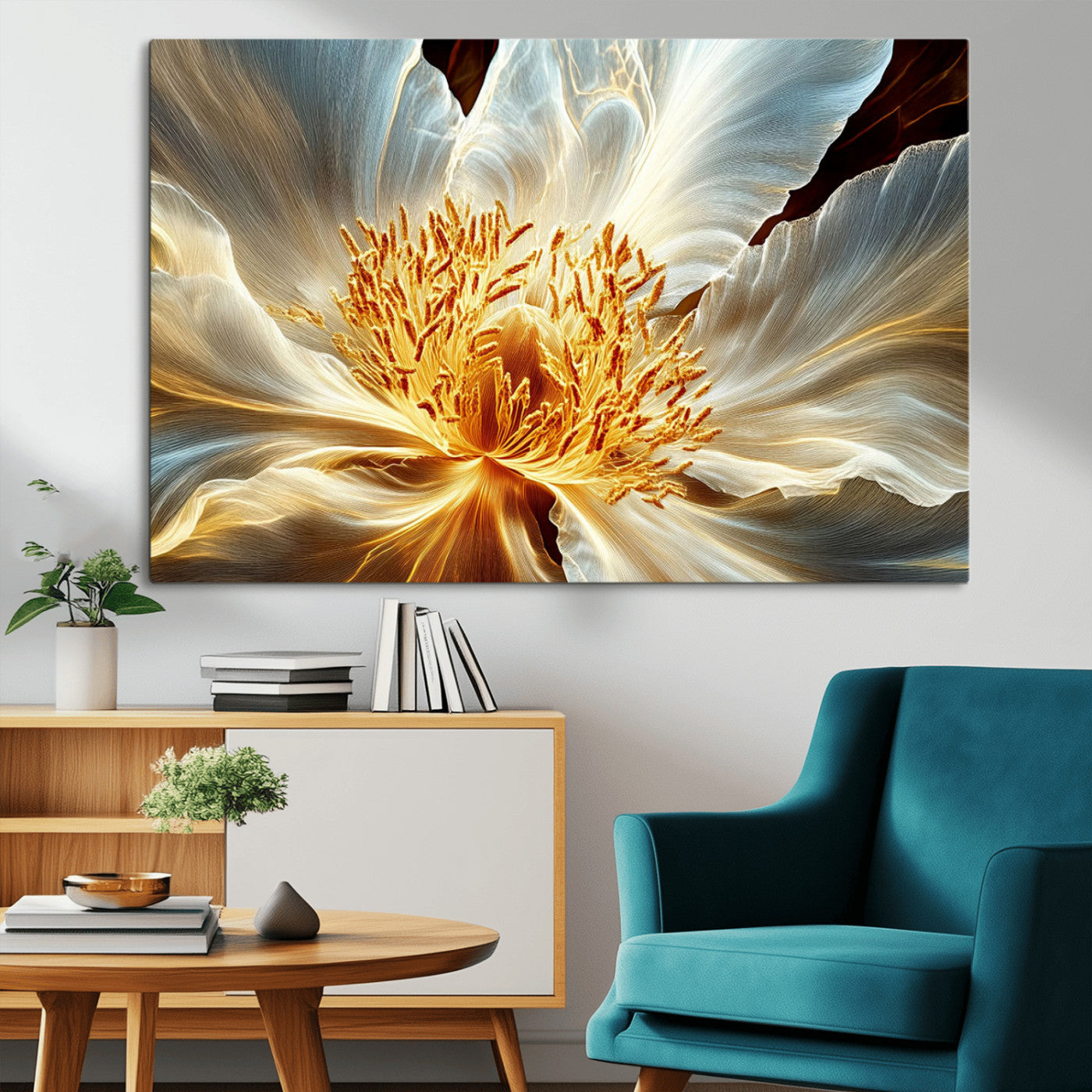 "Close-up of a glowing, abstract flower with delicate white petals and vibrant golden-yellow stamen against a dark background."