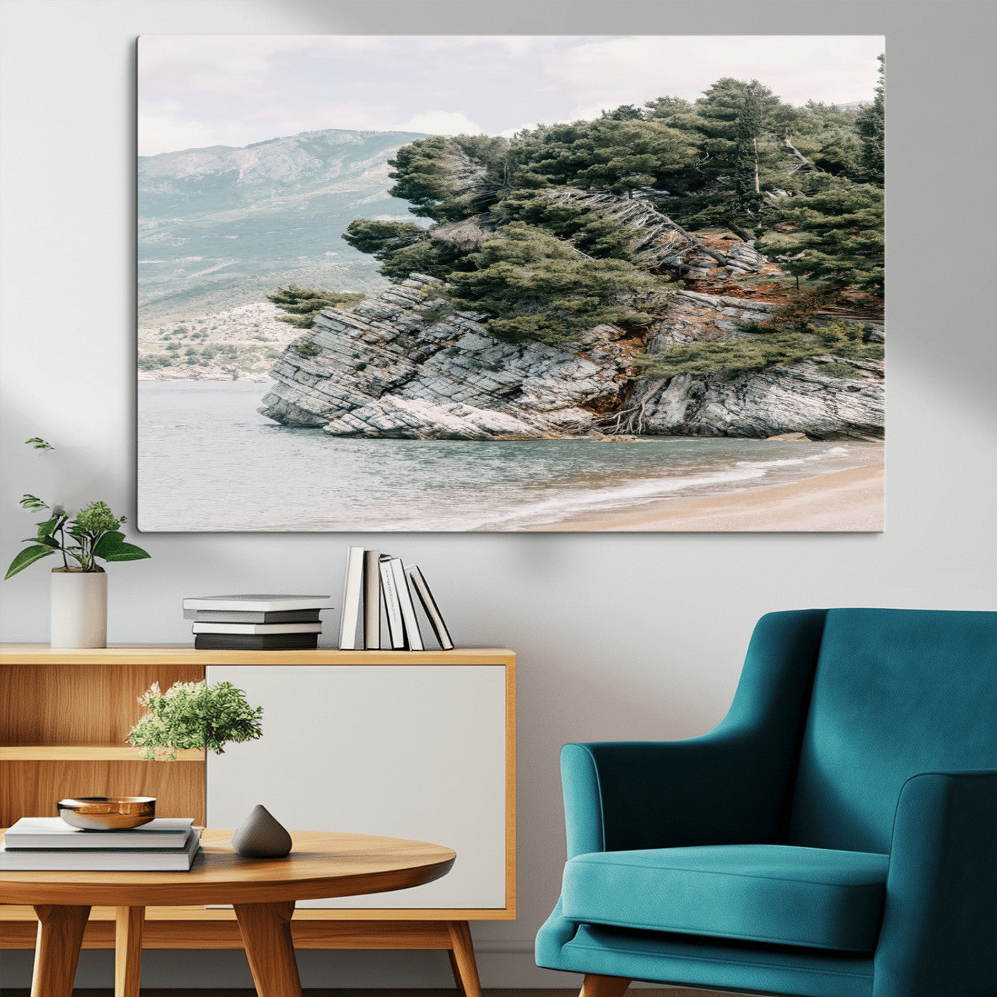MGV-CV-36X24 - Coastal Rock Canvas Wall Art Print, Scenic Beach Landscape, Pine Trees on Rocky Cliff, Large Nature