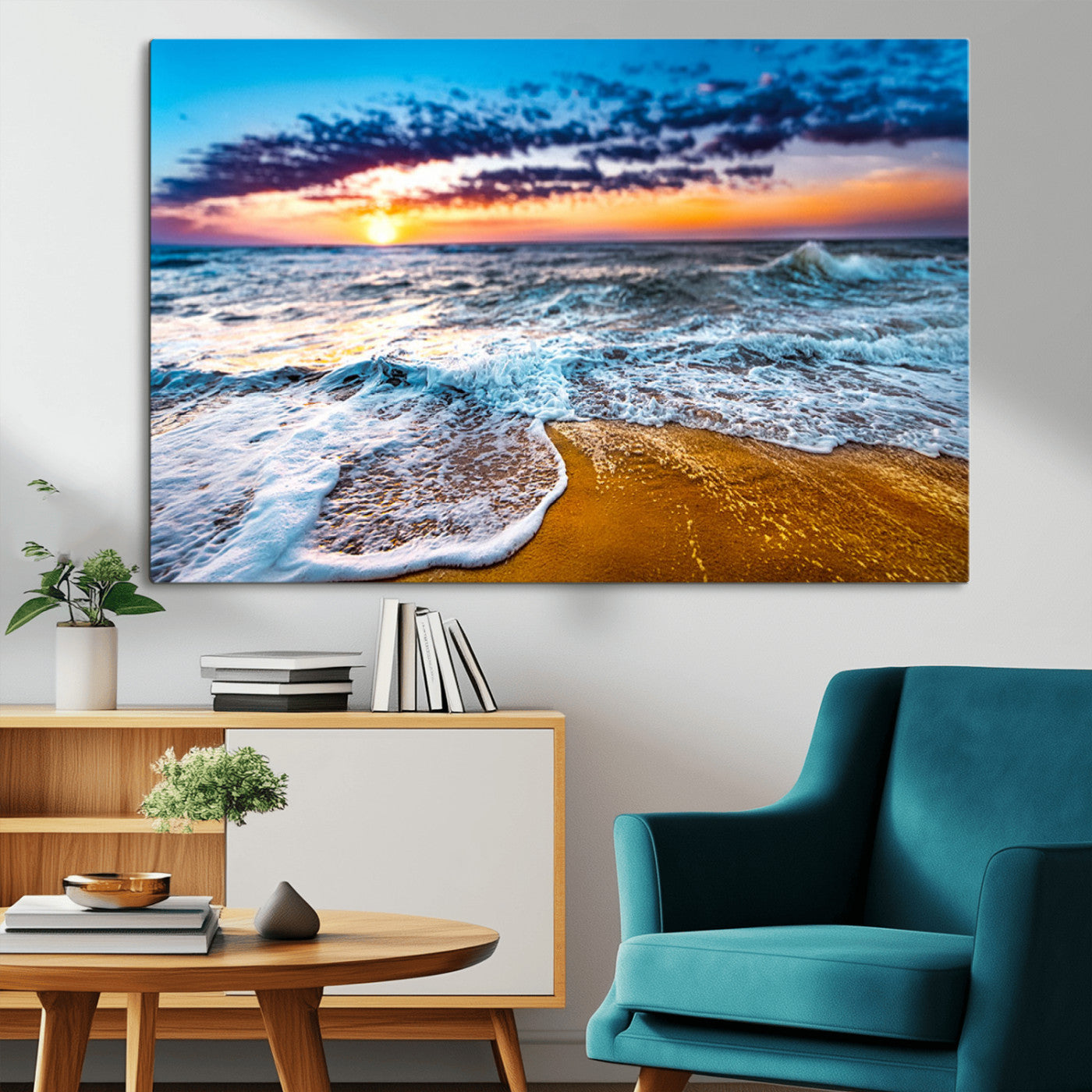 Beautiful ocean shoreline at sunset with foamy waves washing onto golden sand under a colorful sky – Wall Art Canvas Print.