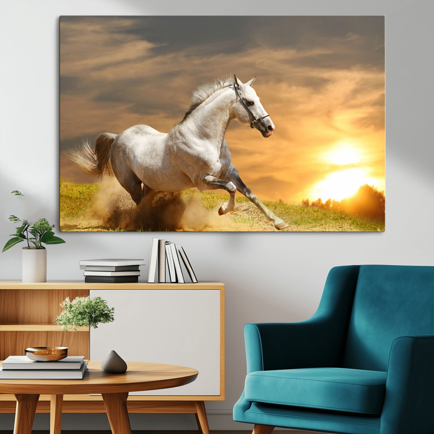 Powerful white horse galloping on a dusty field at sunset with a dramatic sky – Wall Art Canvas Print.