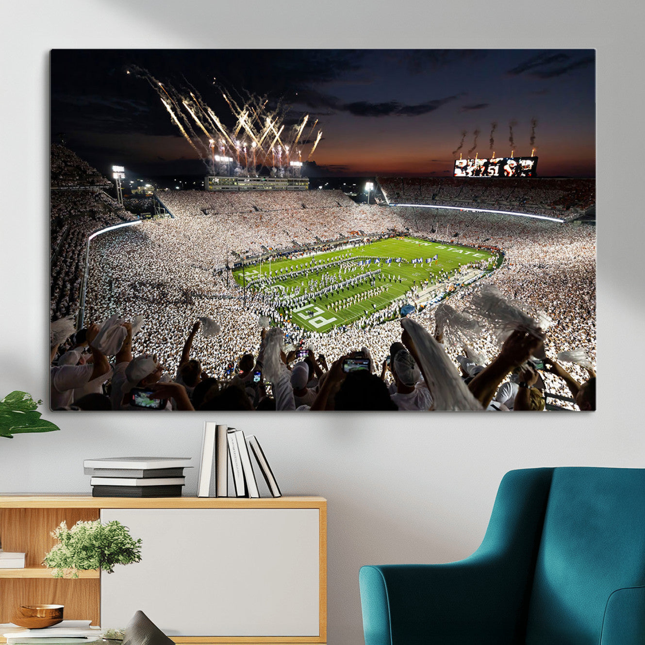 11221988-MGV-CV-36X24 - Epic Night Football Stadium Wall Art Canvas Print, Fireworks and Crowd Energy Game Day Excitement Decor for Home, Office