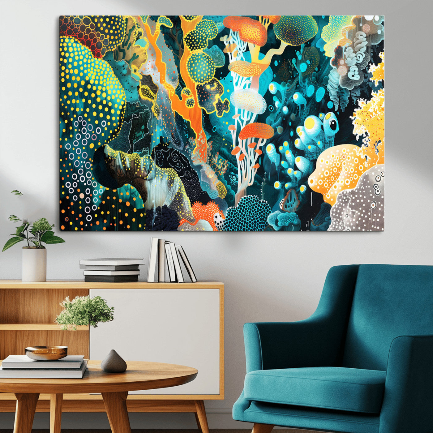 Colorful abstract coral reef scene featuring vibrant underwater plants, marine patterns, and fluid organic shapes – Wall Art Canvas Print.