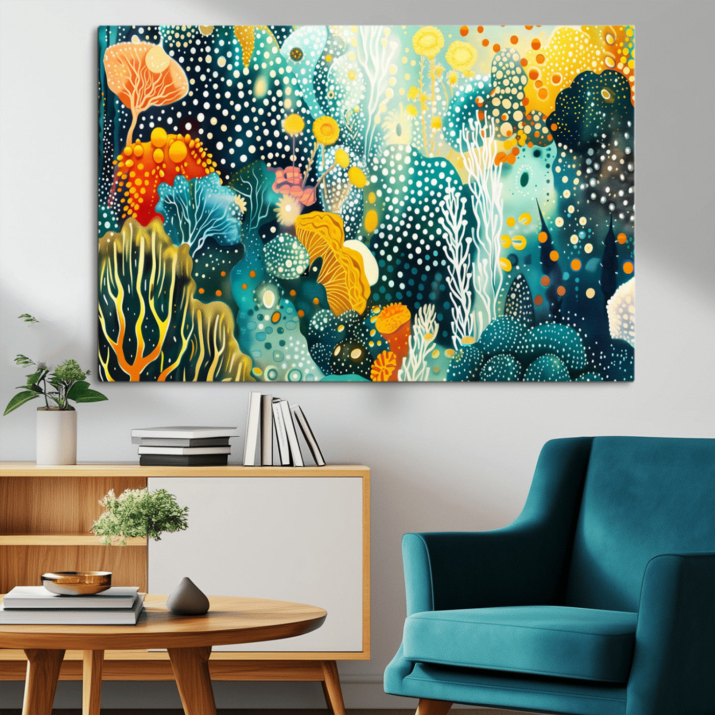 Abstract underwater coral reef illustration with vibrant colors, dotted textures, and stylized marine flora – Wall Art Canvas Print.
