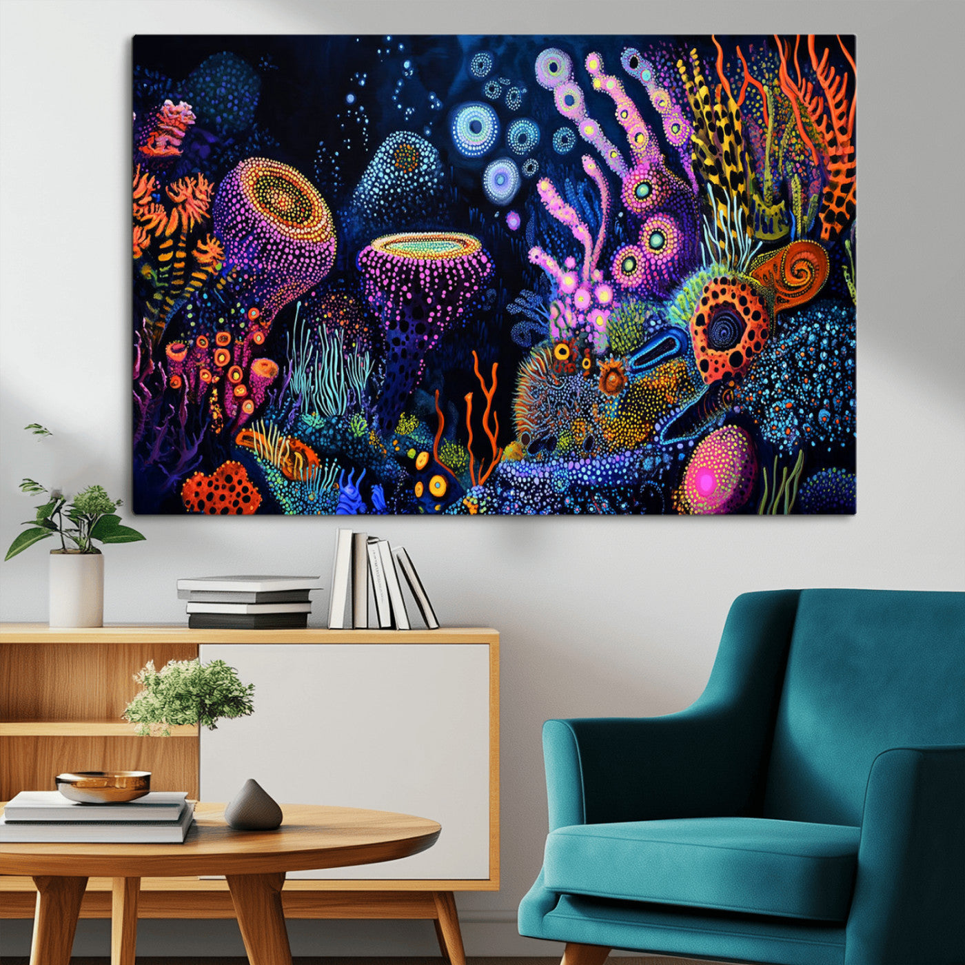 Vibrant and colorful abstract underwater coral reef artwork with diverse shapes and glowing patterns – Wall Art Canvas Print.