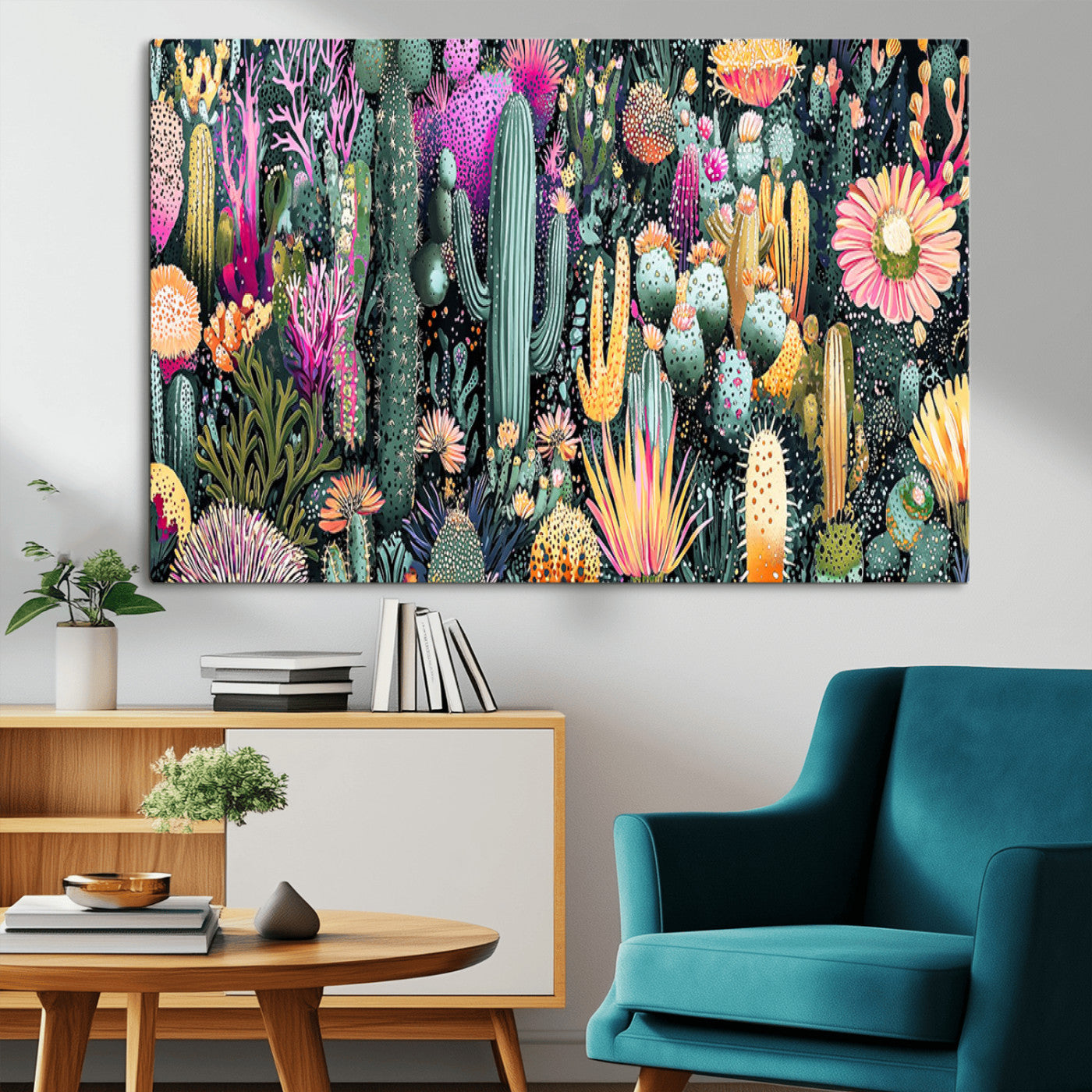 Colorful and detailed painting of various cacti and desert flowers in vibrant hues on a dark background – Wall Art Canvas Print.