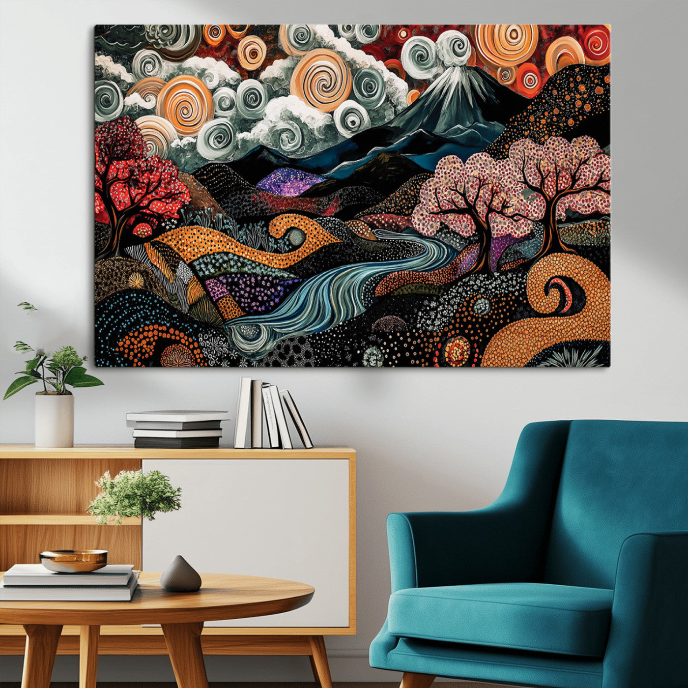 Vibrant abstract landscape painting featuring swirling clouds, colorful trees, flowing river, and textured hills under a mountain – Wall Art Canvas Print.