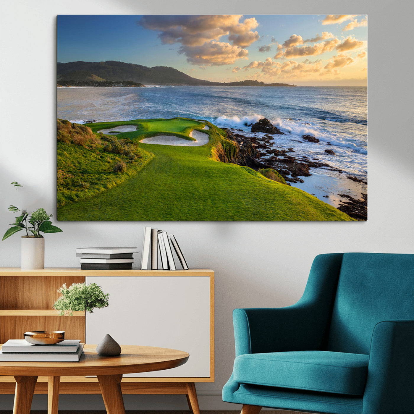 MGV-CV-36X24 - Stunning Coastal Golf Course at Sunset with Rolling Green Fairways and Ocean Waves – Perfect Wall