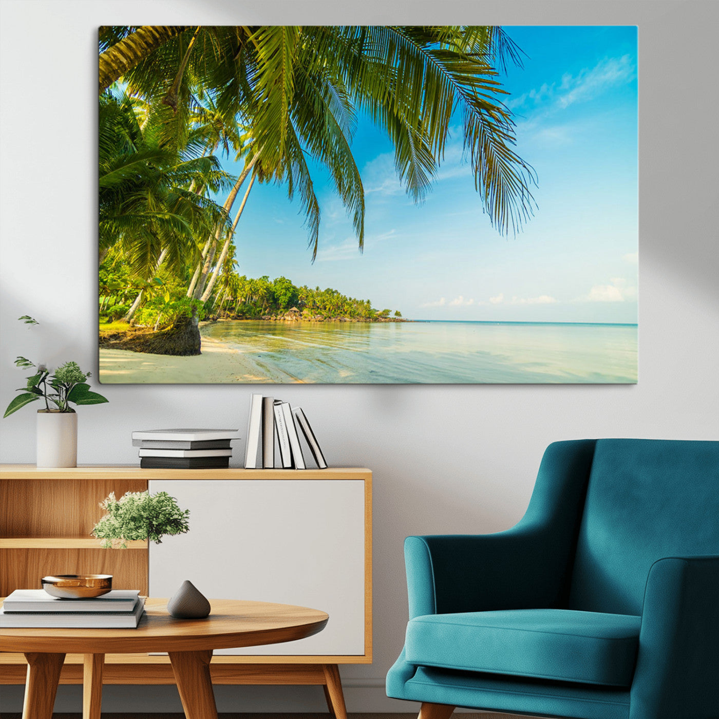 MGV-CV-36X24 - Peaceful Tropical Beach with Palm Trees and Calm Blue Sea – Serene Coastal Wall Art Canvas Print for