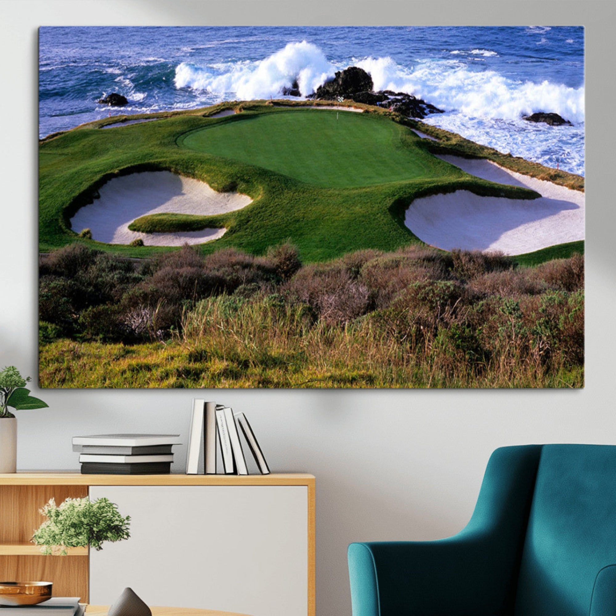 22776914-MGV-CV-36X24-Ocean Cliff Golf Course Wall Art Canvas Print – Waves Crashing, Green Sand Traps, Coastal Landscape Artwork for Home, Office