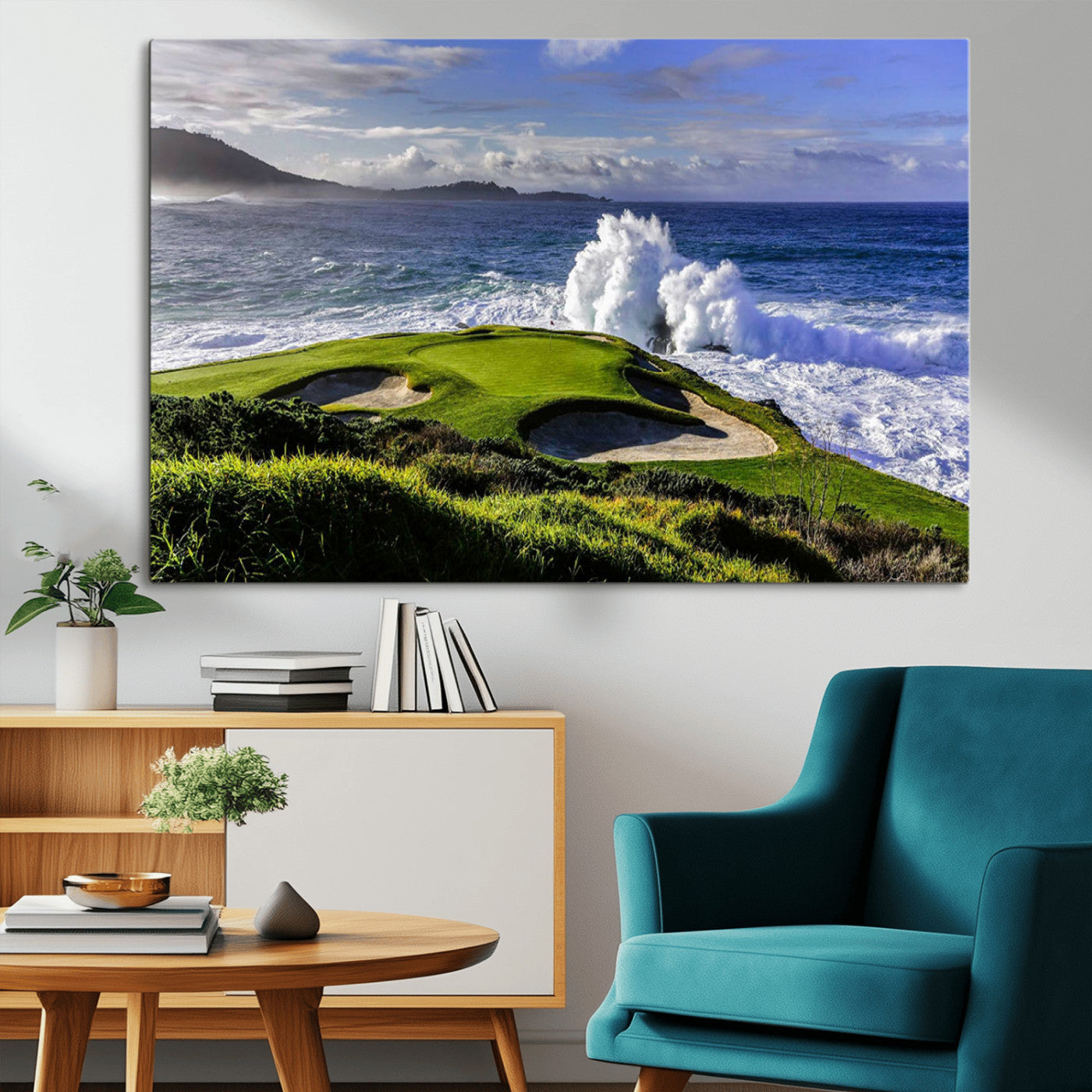 78508908-MGV-CV-36X24-Dramatic Ocean Waves Crashing Against Rocky Coastline Near a Green Golf Course – Stunning Wall Art Canvas Print for Nature and Sports Lovers