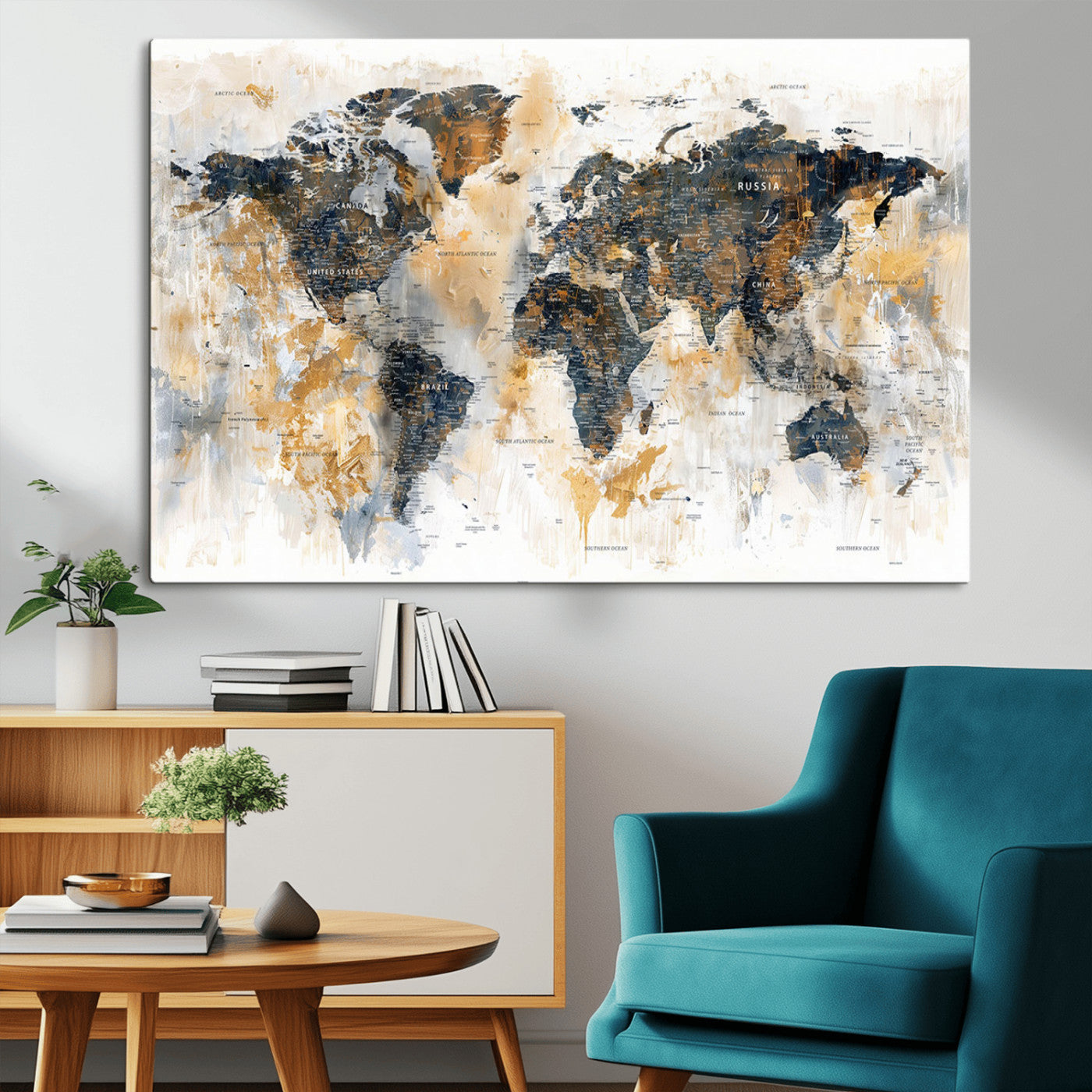 Artistic world map with textured brush strokes in shades of gold, navy blue, and white, showing continents and countries with an abstract, painterly effect.
