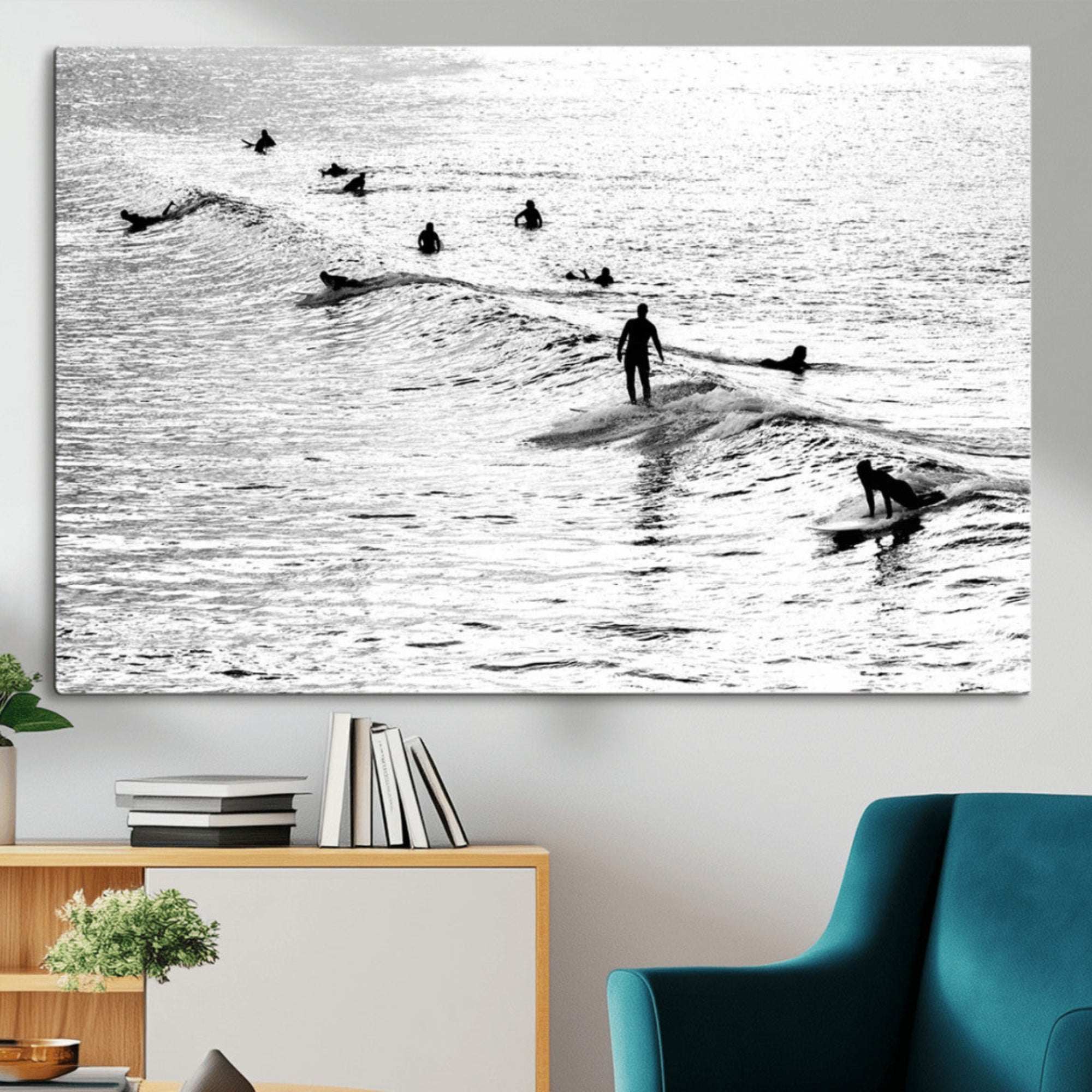 19970637-MGV-CV-36X24-Black and white artistic view of surfers riding and paddling on waves in the ocean, capturing the dynamic motion and energy of surfing