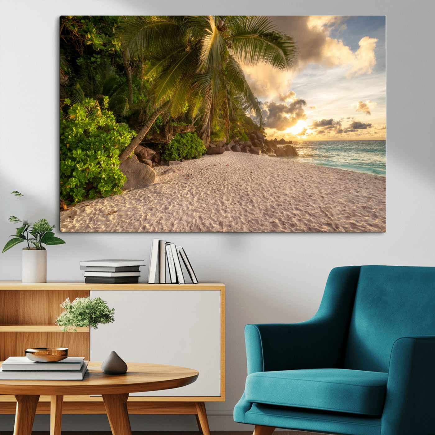 89531159-MGV-CV-36X24-Tropical beach sunset, palm trees, white sand, ocean waves, golden sky, serene landscape, nature beauty, tranquil shore, Wall Art Canvas Print