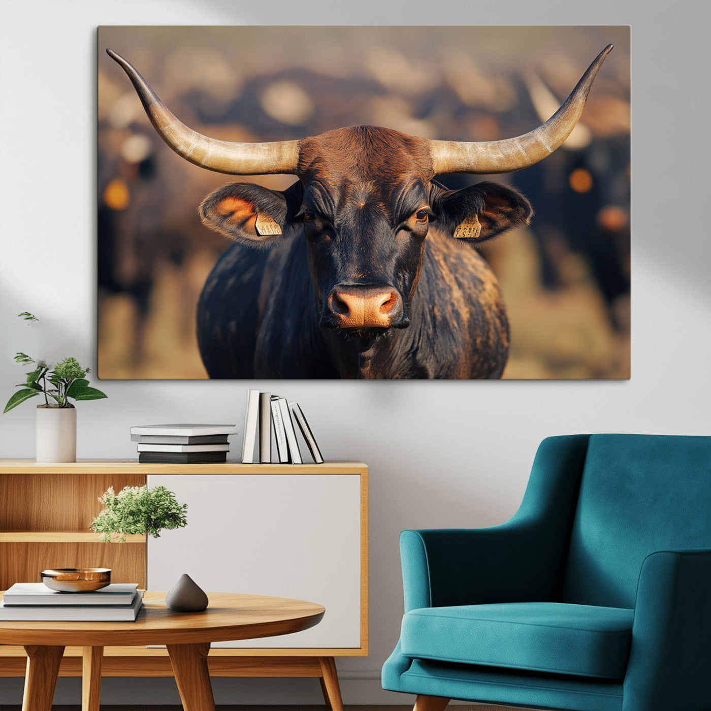 35515971-MGV-CV-36X24-Majestic bull head close-up, long curved horns, detailed fur texture, warm sunlight, focused gaze, Wall Art Canvas Print