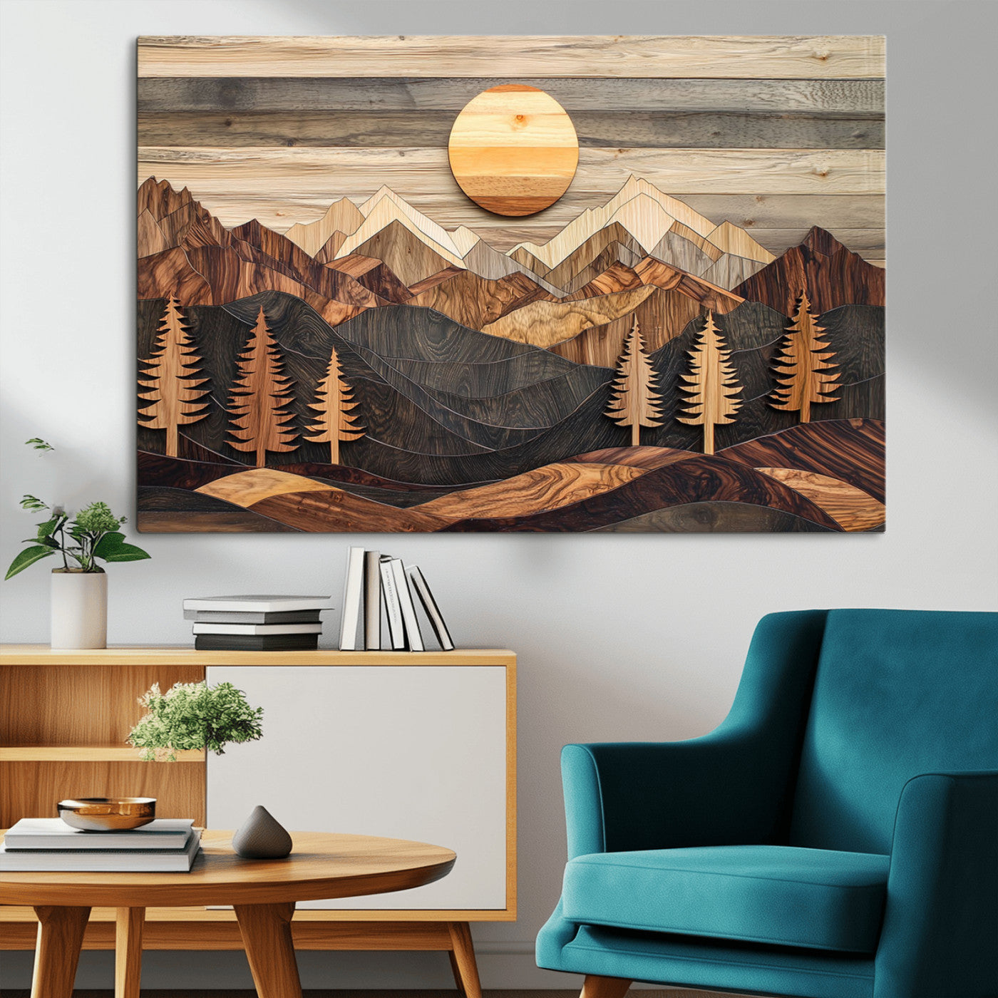 MGV-CV-36X24 - Wooden Mountain Layers Canvas Wall Art – Rustic Pine Tree Landscape with Sunlight Artistic Nature