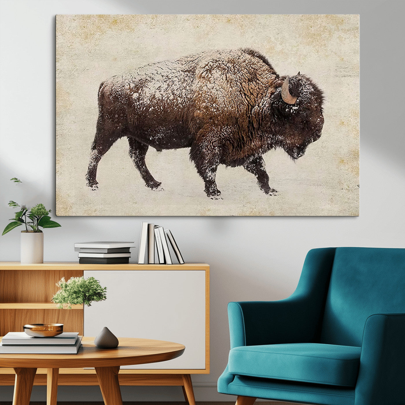 54810031-MGV-CV-36X24-Snow-dusted bison silhouette textured vintage style rugged wildlife art with neutral tones perfect for rustic home decor Wall Art Canvas Print design