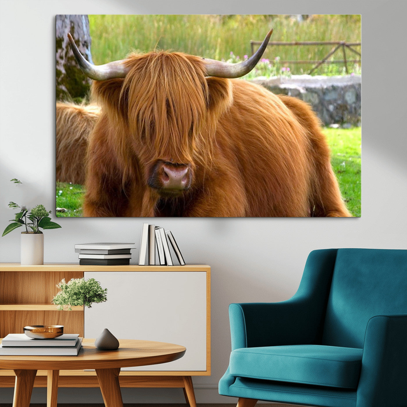 68411138-MGV-CV-36X24-Highland Cow Long Hair Rustic Farm Animal Horns Green Pasture Natural Beauty Outdoor Wall Art Canvas Print